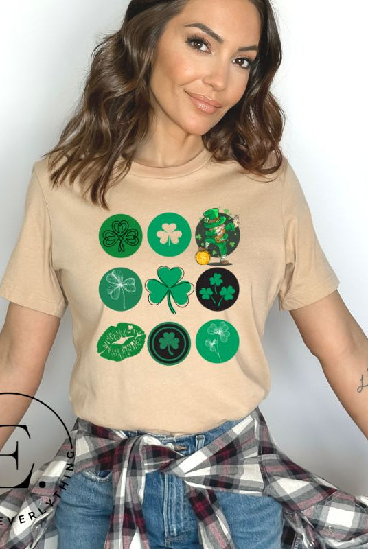 Celebrate Saint Patrick's Day in style with our Bella Canvas 3001 unisex graphic t-shirt! Get ready for the luckiest day of the year with our festive design featuring 3 rows of 3 vibrant and whimsical Saint Patrick's Day images on a tan shirt. 