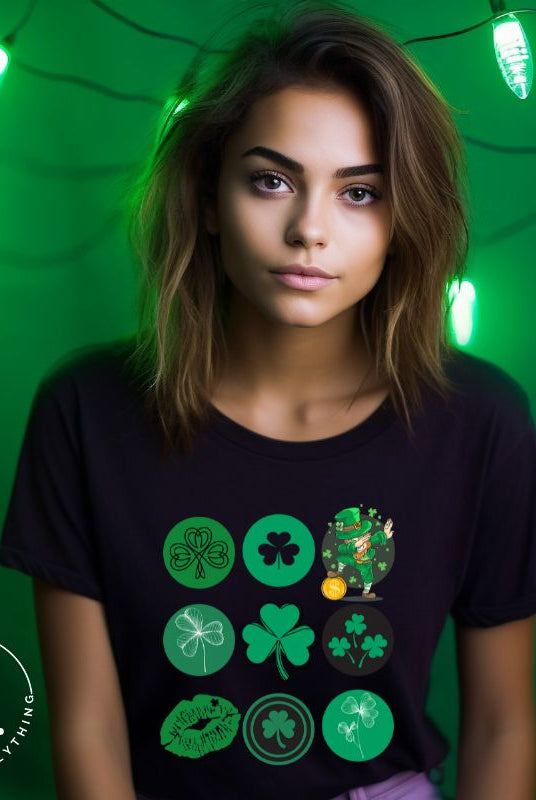 Celebrate Saint Patrick's Day in style with our Bella Canvas 3001 unisex graphic t-shirt! Get ready for the luckiest day of the year with our festive design featuring 3 rows of 3 vibrant and whimsical Saint Patrick's Day images on a black shirt. 