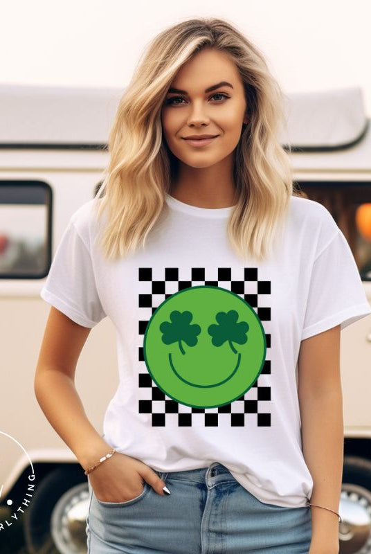 Get in the Saint Patrick's Day spirit with our Bella Canvas 3001 unisex graphic t-shirt! This unique design features a retro green smiley face with shamrock eyes, perfect for those seeking a festive and nostalgic look on a white shirt. 