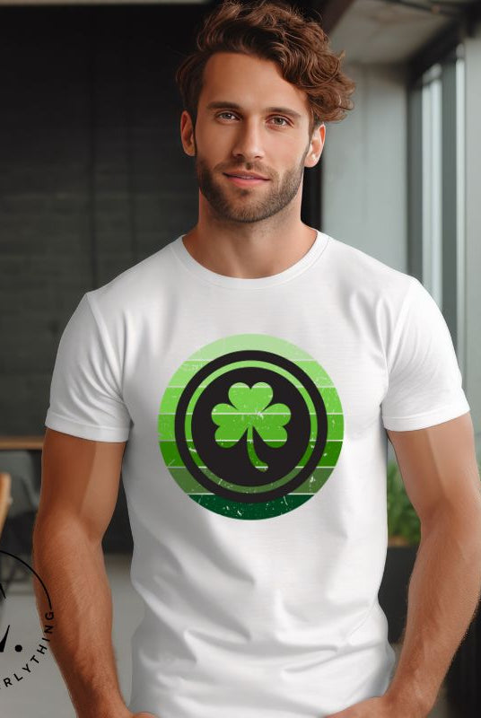 Get your ultimate Saint Patrick's Day attire with our Bella Canvas 3001 unisex graphic t-shirt! Featuring a captivating circle design in various shades of green, topped with a prominent shamrock, on a white shirt. 