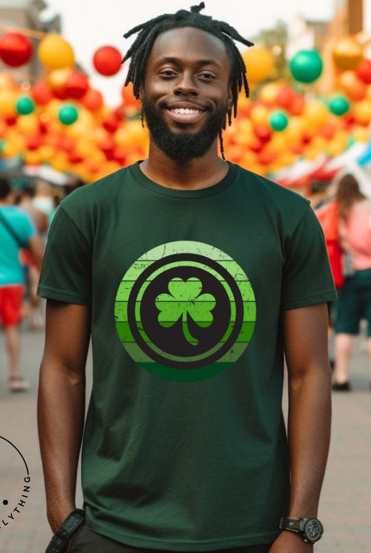 Get your ultimate Saint Patrick's Day attire with our Bella Canvas 3001 unisex graphic t-shirt! Featuring a captivating circle design in various shades of green, topped with a prominent shamrock, on a green shirt. 