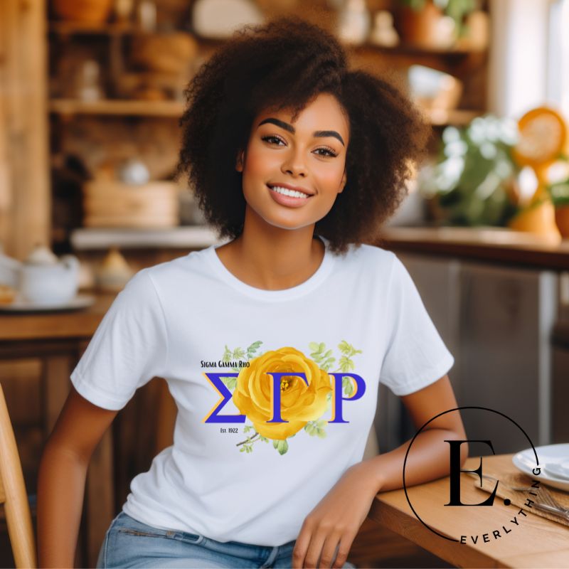 Unleash your Sigma Gamma Rho sisterhood with our exclusive sublimation t-shirt download. Featuring the sorority's letters and the radiant yellow tea rose on a white shirt. 