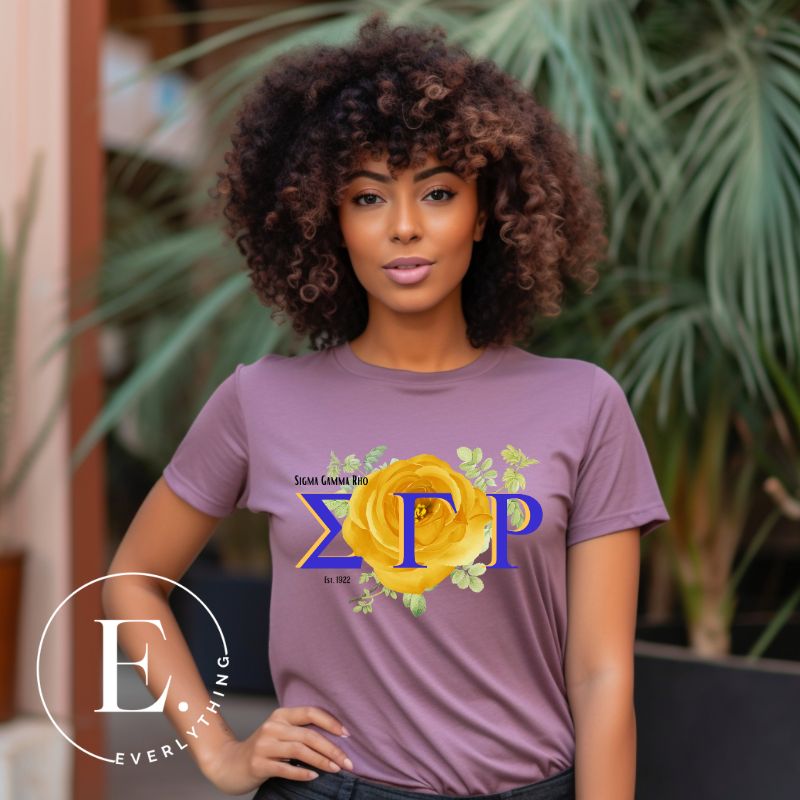 Unleash your Sigma Gamma Rho sisterhood with our exclusive sublimation t-shirt download. Featuring the sorority's letters and the radiant yellow tea rose on a purple shirt. 