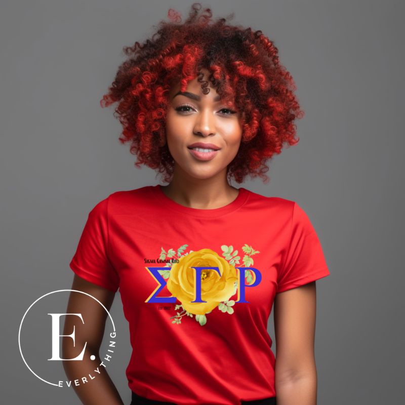 Unleash your Sigma Gamma Rho sisterhood with our exclusive sublimation t-shirt download. Featuring the sorority's letters and the radiant yellow tea rose on a red shirt. 