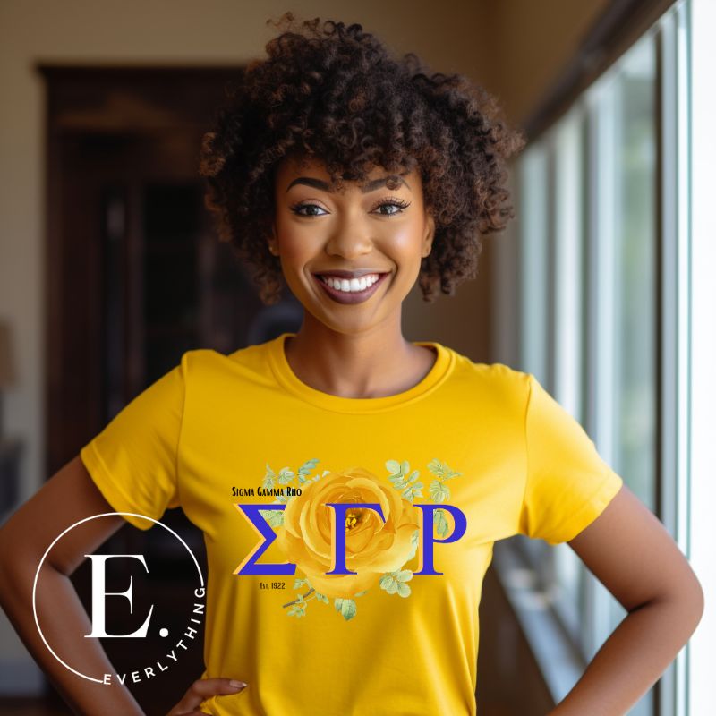 Unleash your Sigma Gamma Rho sisterhood with our exclusive sublimation t-shirt download. Featuring the sorority's letters and the radiant yellow tea rose on a yellow shirt. 