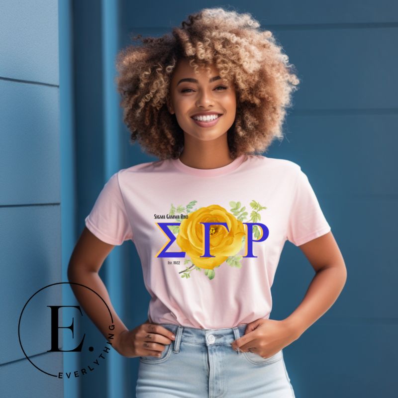 Unleash your Sigma Gamma Rho sisterhood with our exclusive sublimation t-shirt download. Featuring the sorority's letters and the radiant yellow tea rose on a pink shirt. 