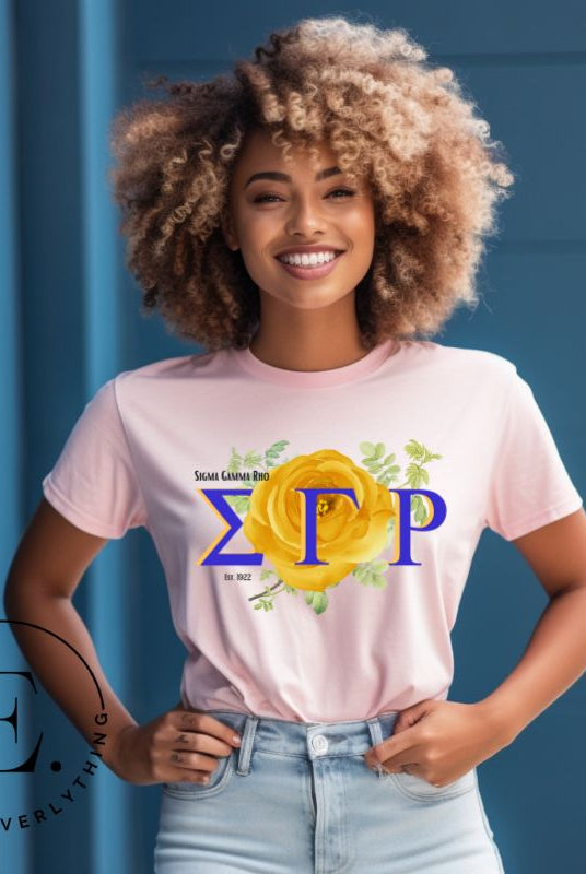 Looking for a stylish way to show your pride for Sigma Gamma Rho? Our stunning t-shirt features the sorority letters and a vibrant yellow tea rose on a pink shirt. 