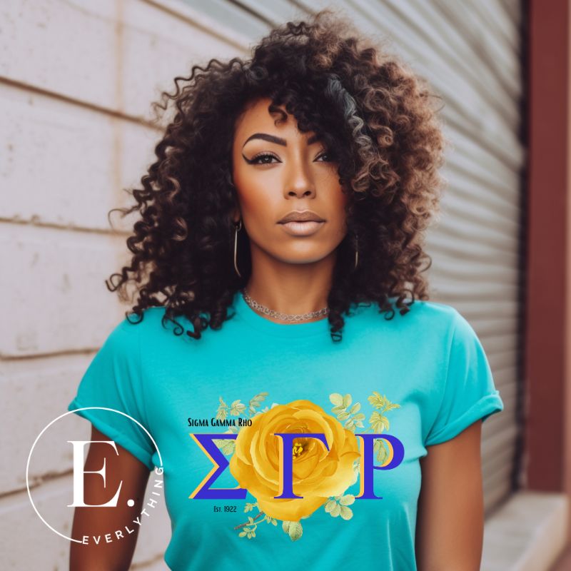 Unleash your Sigma Gamma Rho sisterhood with our exclusive sublimation t-shirt download. Featuring the sorority's letters and the radiant yellow tea rose on a teal shirt. 