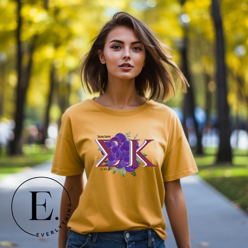 Elevate your Sigma Kappa sisterhood with our premium sublimation t-shirt download. Featuring the sorority's letters and the enchanting wild purple violets on a yellow shirt.