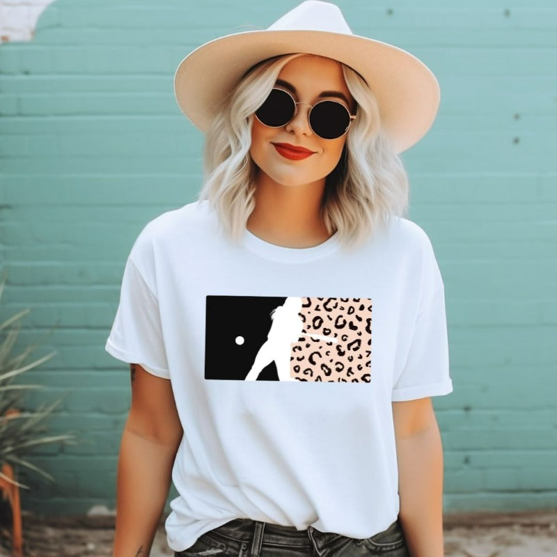 Softball cheetah print logo PNG Sublimation digital download design, on a white graphic tee.