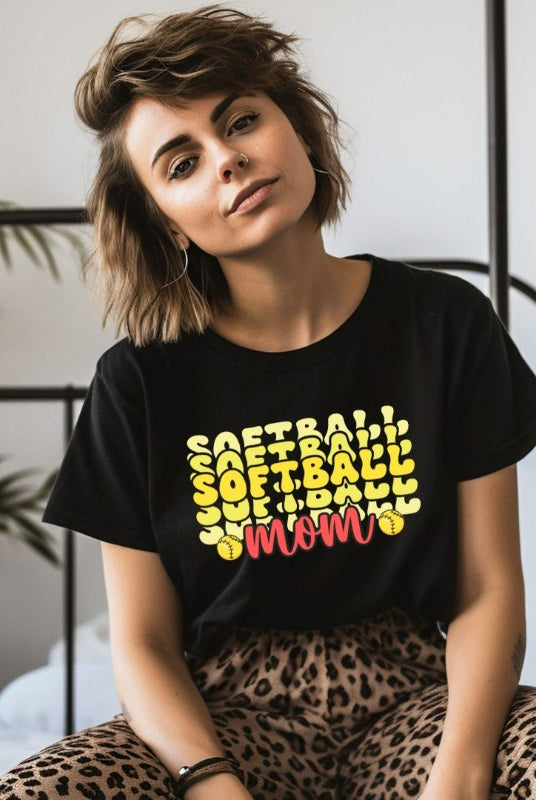 Softball Mom Bubble Lettering PNG Sublimation Digital Download Design, on a black graphic tee.