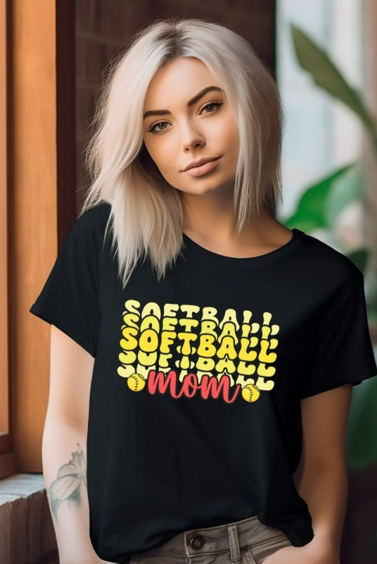 Softball Mom Bubble Lettering PNG Sublimation Digital Download Design, on a black graphic tee.