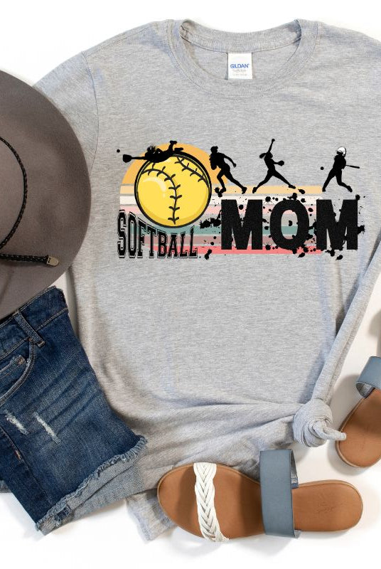 Softball Mom PNG Sublimation Digital Download, on a grey graphic tee.