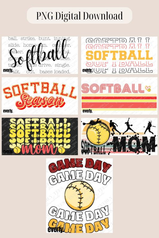 Softball PNG sublimation digital design bundle watermark images, showing 6 designs that are 12" x 6" and 1 design 10" x12"