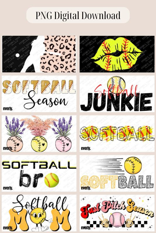 Softball PNG sublimation digital design bundle watermark images, showing 10 designs that are 12" x 6" 