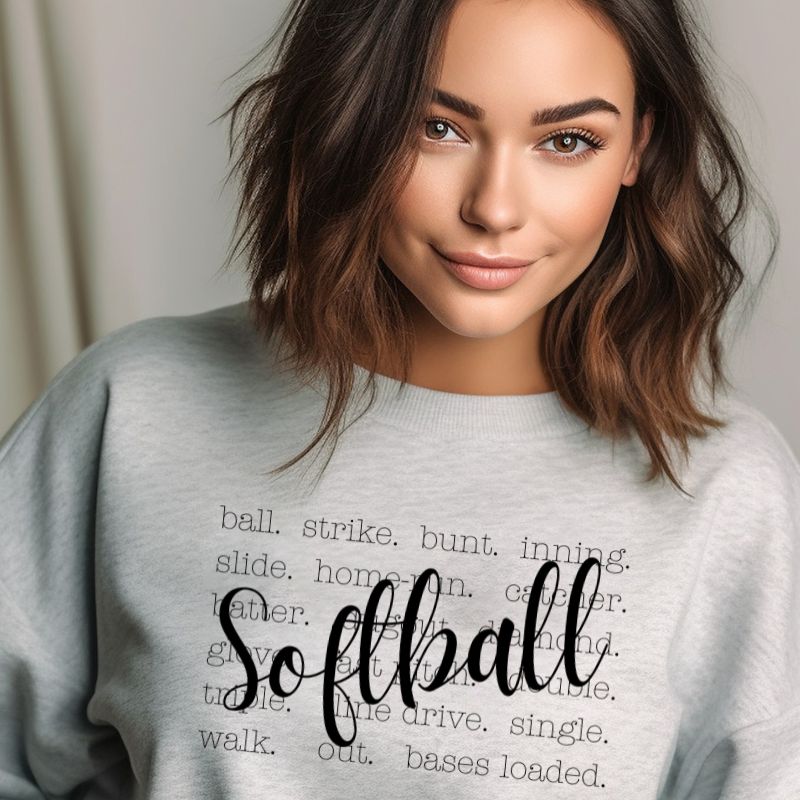 PNG Sublimation Digital Download Design with image: Softball Terminology on a grey graphic top