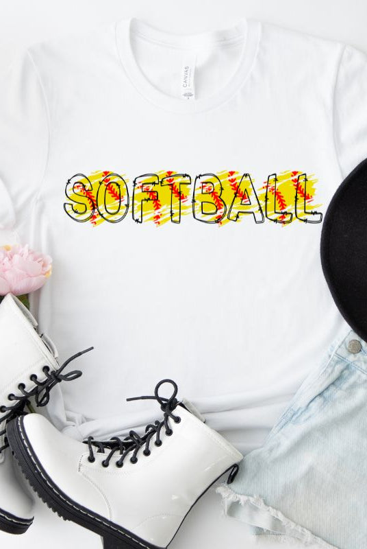 Softball with bubble letters on a white graphic tee