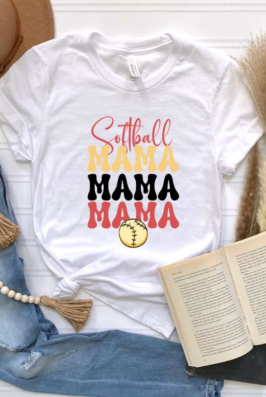Softball Mama on a white graphic tee.