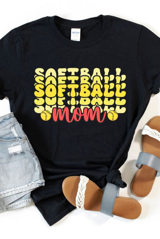 Softball mom on a black graphic tee.