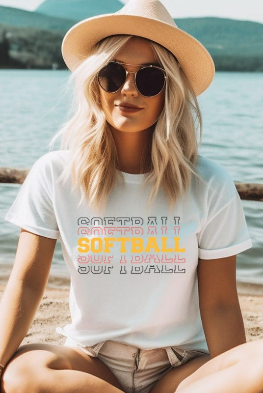 Softball sports lettering white graphic tee.