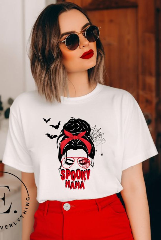 "Spooky Mama" messy bun Halloween T-shirt on white colored t-shirt.
