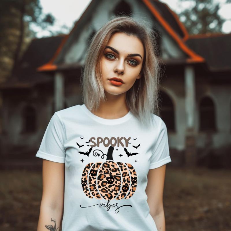 White t-shirt featuring a leopard-print pumpkin and "Spooky Vibes" text surrounded by bats, perfect for Halloween and fall season style.