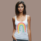 women's racerback tank top featuring a colorful rainbow design with the word "SUMMER" integrated into the arcs in vibrant red, yellow, and green on a heather white tank top