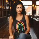 women's racerback tank top featuring a colorful rainbow design with the word "SUMMER" integrated into the arcs in vibrant red, yellow, and green on a black tank top