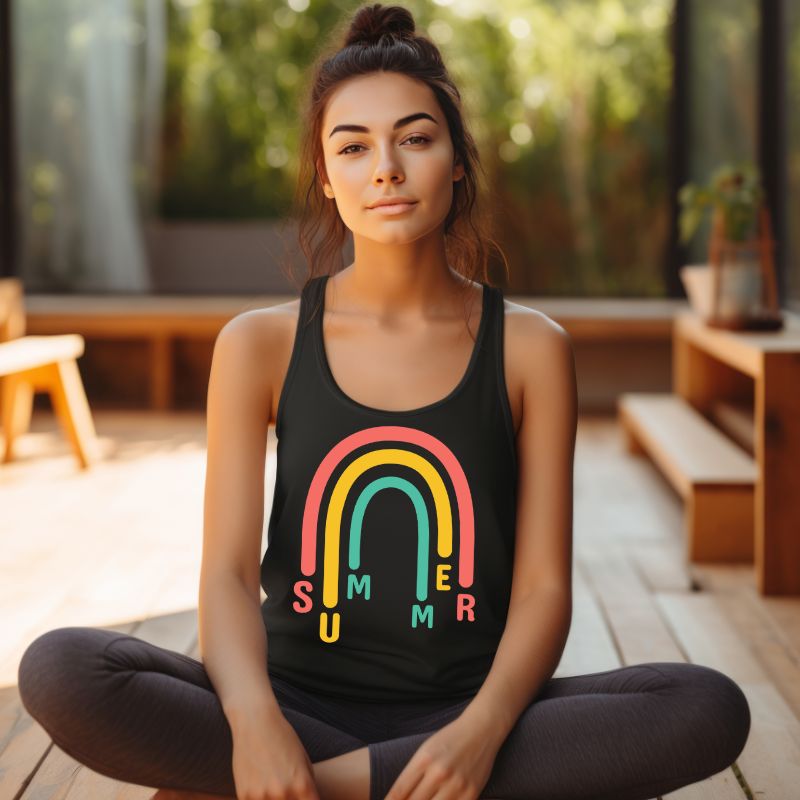 women's racerback tank top featuring a colorful rainbow design with the word "SUMMER" integrated into the arcs in vibrant red, yellow, and green on a black tank top