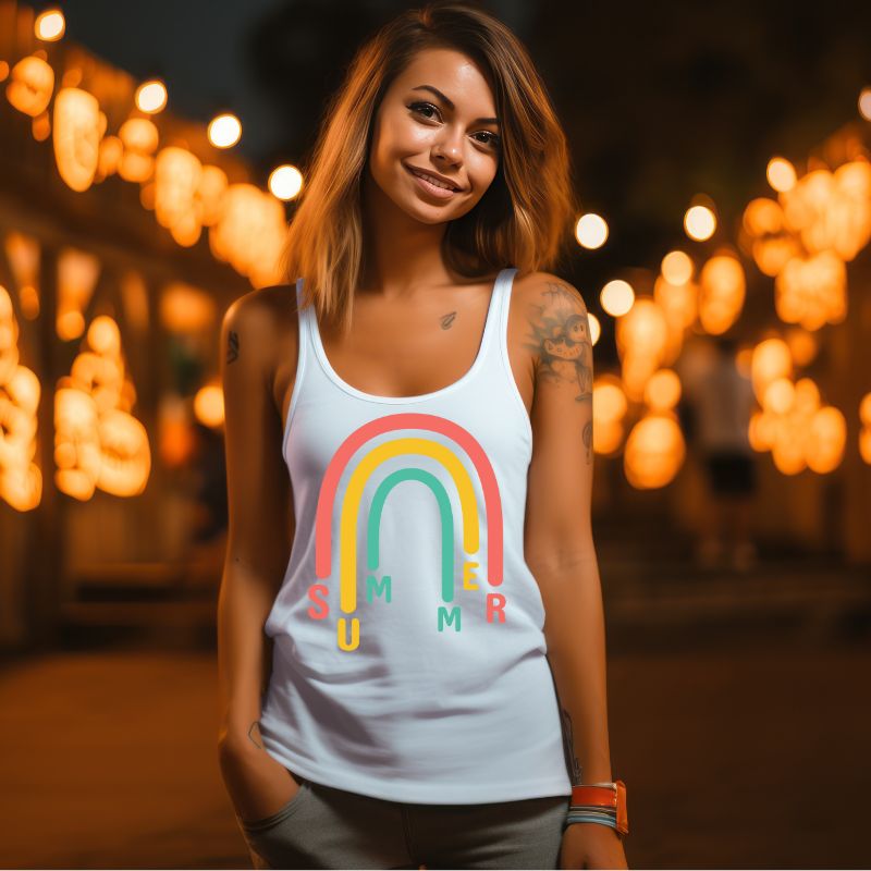 women's racerback tank top featuring a colorful rainbow design with the word "SUMMER" integrated into the arcs in vibrant red, yellow, and green on a heather white tank top