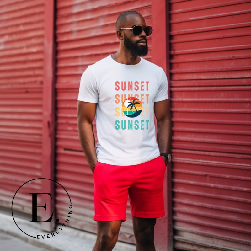 Capture the essence of tropical paradise with our Sunset t-shirt. Featuring four rows of the word 'sunset' surrounding a stunning palm tree on a white shirt. 