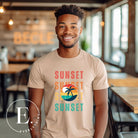 Capture the essence of tropical paradise with our Sunset t-shirt. Featuring four rows of the word 'sunset' surrounding a stunning palm tree on a tan shirt. 