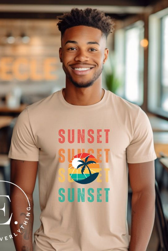 Capture the essence of tropical paradise with our Sunset t-shirt. This shirt features four rows of the word 'sunset' surrounding a stunning palm tree, bringing a laid-back, beachy vibe to your wardrobe with this tan shirt. 