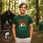 Capture the essence of tropical paradise with our Sunset t-shirt. Featuring four rows of the word 'sunset' surrounding a stunning palm tree on a green shirt. 