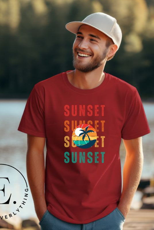 Capture the essence of tropical paradise with our Sunset t-shirt. Featuring four rows of the word 'sunset' surrounding a stunning palm tree on a red shirt. 