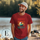Capture the essence of tropical paradise with our Sunset t-shirt. Featuring four rows of the word 'sunset' surrounding a stunning palm tree on a red shirt. 