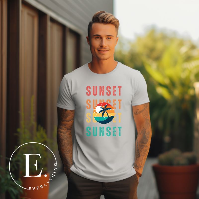 Capture the essence of tropical paradise with our Sunset t-shirt. Featuring four rows of the word 'sunset' surrounding a stunning palm tree on a light grey shirt. 