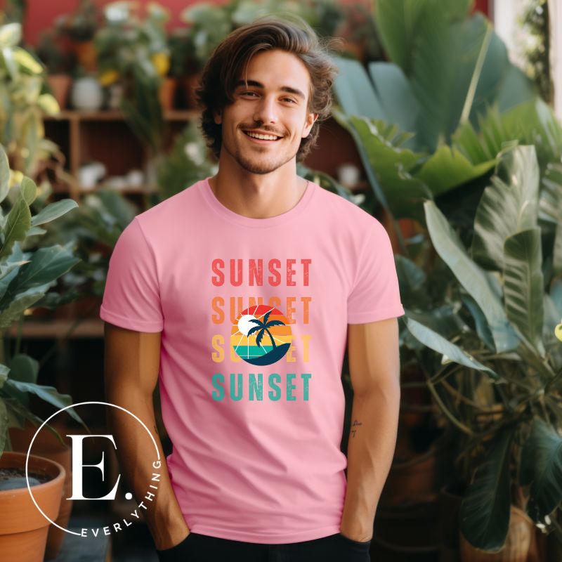 Capture the essence of tropical paradise with our Sunset t-shirt. Featuring four rows of the word 'sunset' surrounding a stunning palm tree on a pink shirt. 
