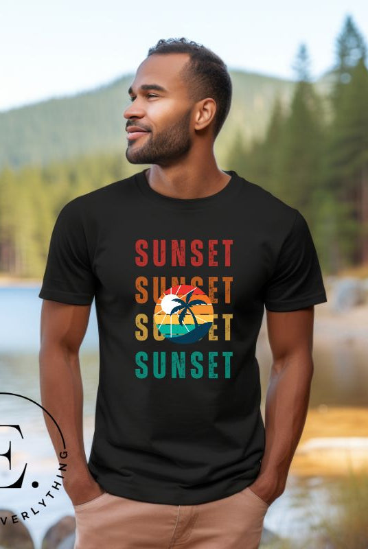 Capture the essence of tropical paradise with our Sunset t-shirt. This shirt features four rows of the word 'sunset' surrounding a stunning palm tree, bringing a laid-back, beachy vibe to your wardrobe with this black shirt. 