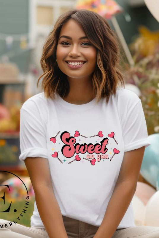 Spread the love with our charming Valentine's Day shirt featuring the endearing phrase " Sweet on You" surrounded by heart lollipops on a white shirt. 