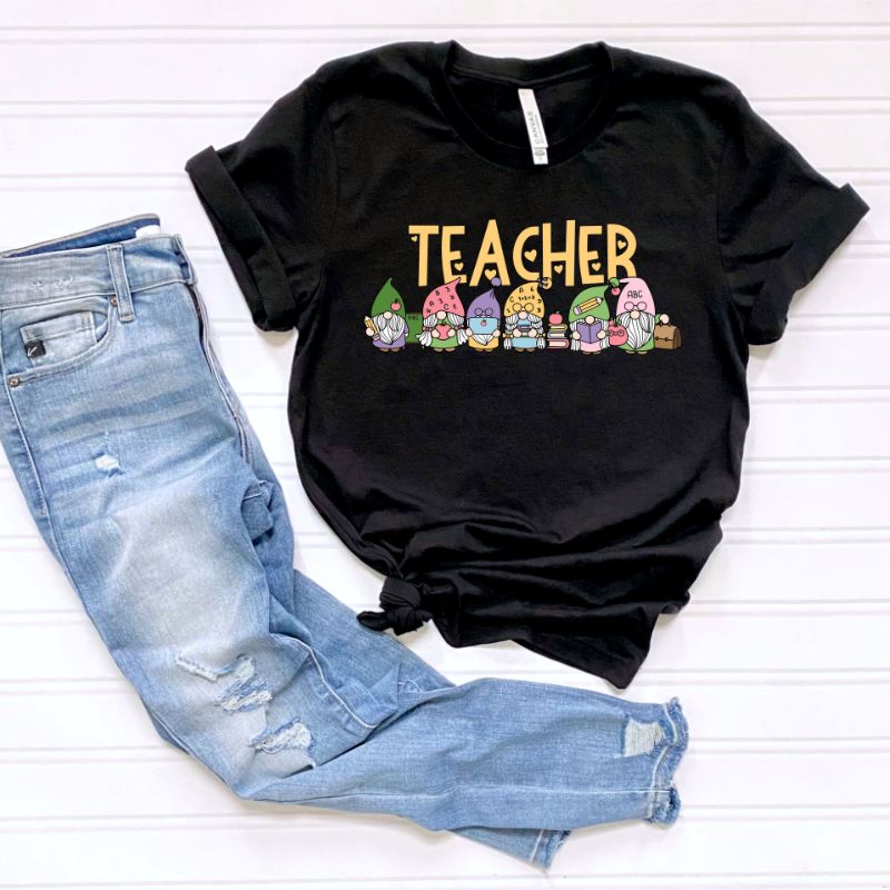 Teacher Gnomes PNG Sublimation Design on a black graphic tee