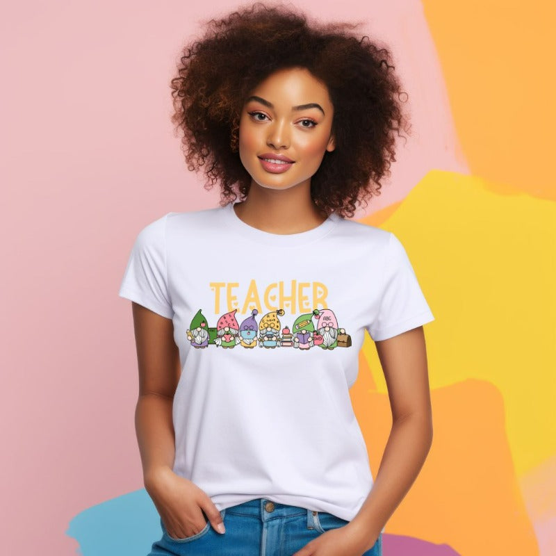Teacher Gnomes PNG Sublimation Design on a white graphic tee