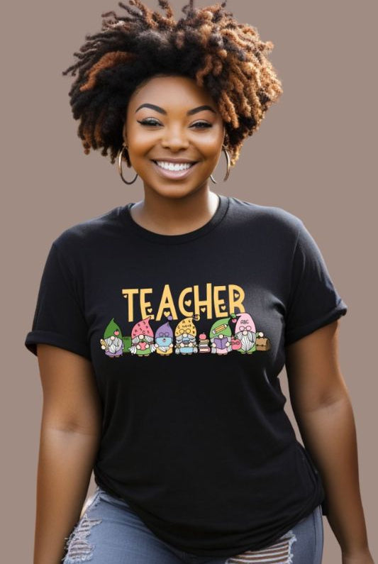 Teacher Gnomes PNG Sublimation Design on a black graphic tee