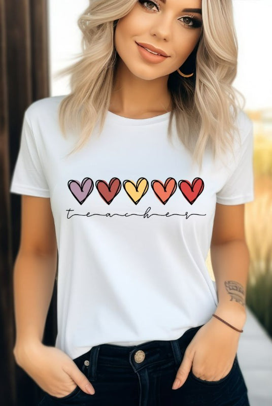 Modern heart design on a white graphic tee with the word 'teacher' - perfect for teacher shirts and teacher gifts. White graphic tees.