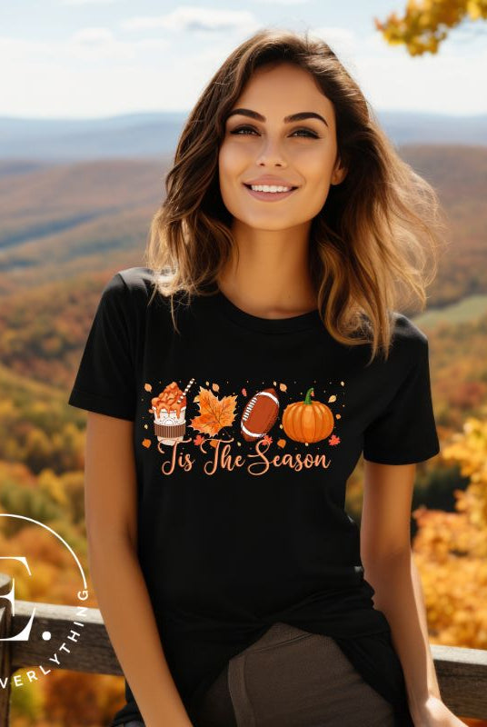 Get ready for the season with our PNG sublimation download file for a ' Tis The Season' fall shirt! This digital design showcases a perfect blend of autumn and football themes, making it ideal for sports enthusiasts. PNG on a black shirt. 