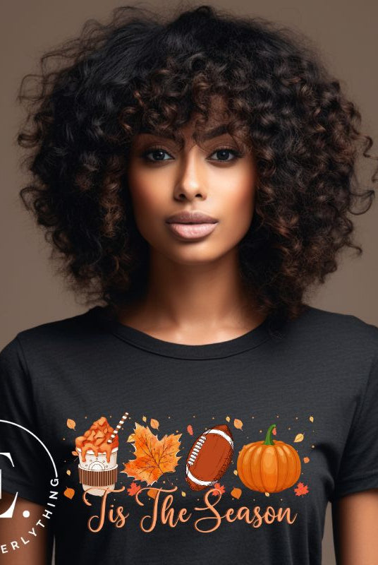 Get ready for the season with our PNG sublimation download file for a ' Tis The Season' fall shirt! This digital design showcases a perfect blend of autumn and football themes, making it ideal for sports enthusiasts. PNG on a black shirt. 