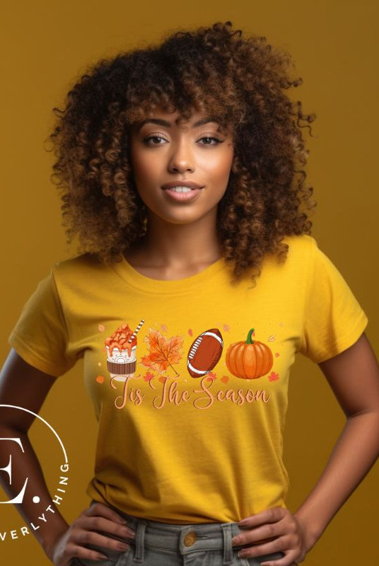 Get ready for the season with our PNG sublimation download file for a ' Tis The Season' fall shirt! This digital design showcases a perfect blend of autumn and football themes, making it ideal for sports enthusiasts. PNG on a yellow shirt. 