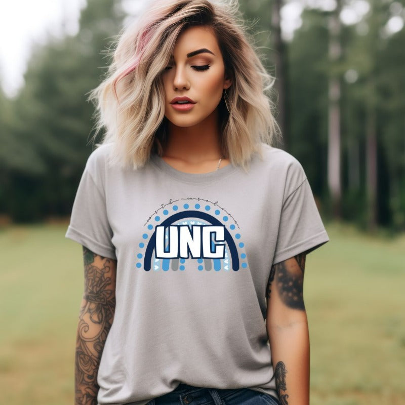 UNC - University of North Carolina design with blue and white motifs on a grey shirt.