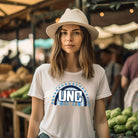 UNC - University of North Carolina design with blue and white motifs on a white shirt.