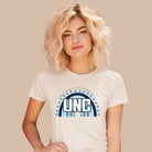 UNC - University of North Carolina design with blue and white motifs on a white shirt.